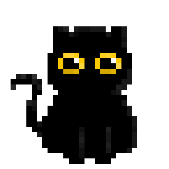 A pixelated Oz the black cat, squinting to size you up before blepping his tongue at you in vacant approval.