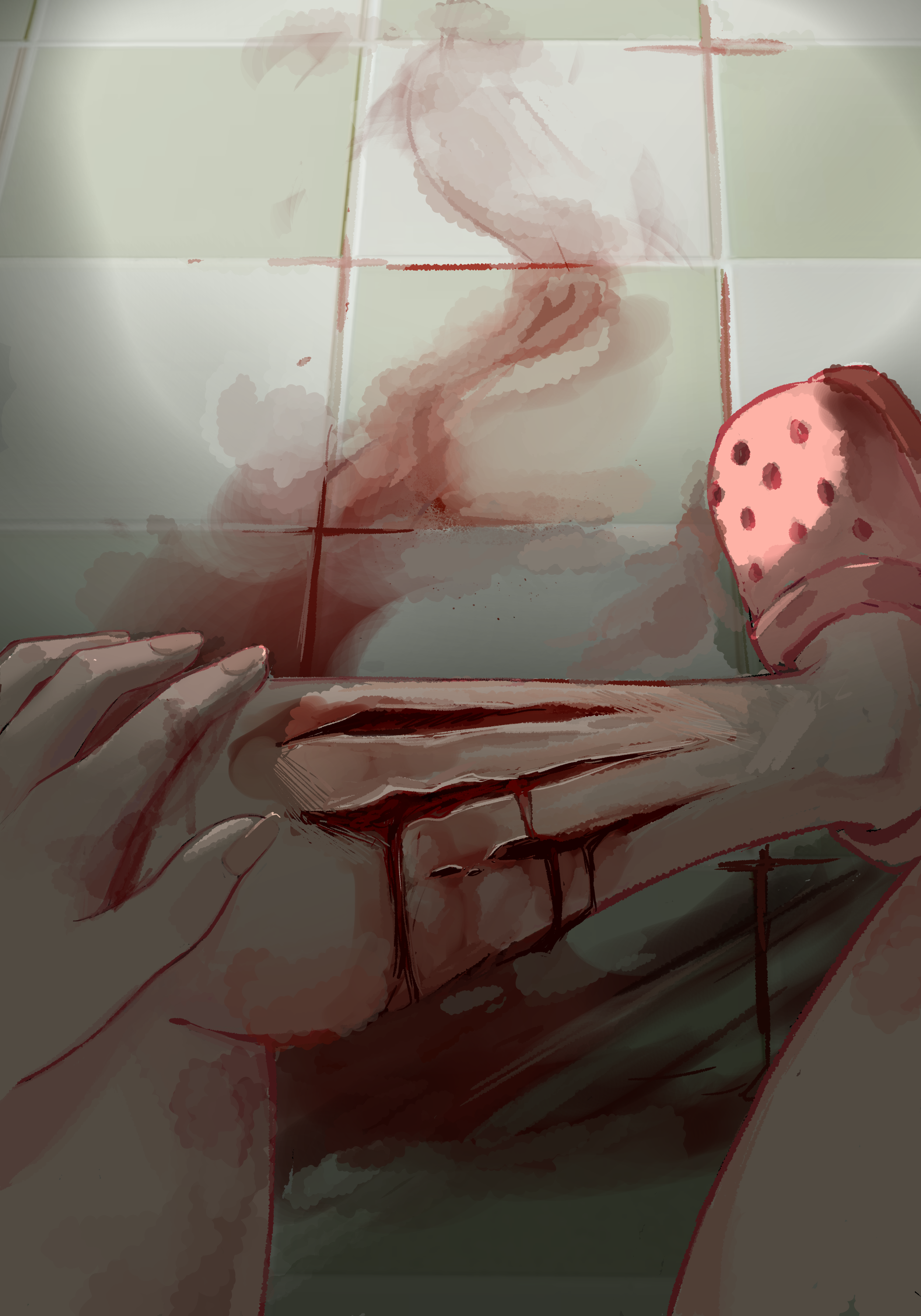 It looks like Zari's leg with deep, bleeding gash marks in it. She sits on what appears to be bathroom floor tiles.