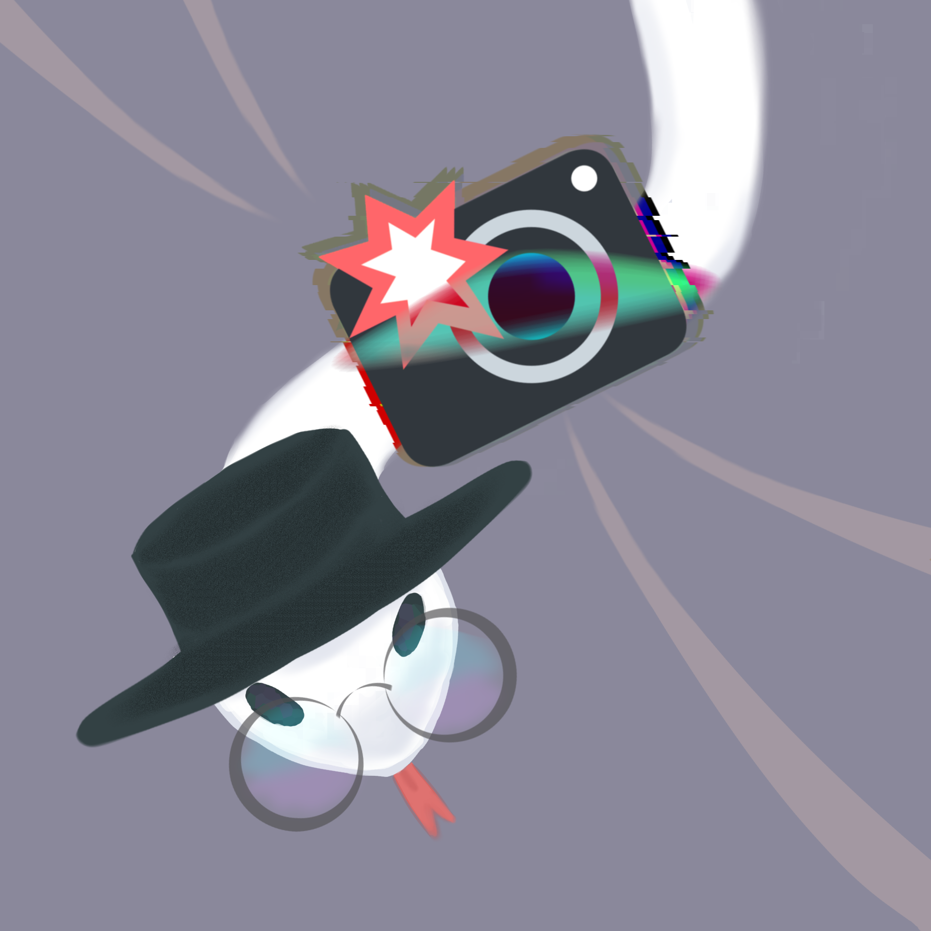 Sloan's persona for the sake of posting. He seems to be a white snake with a black Codovan hat and a pair of round frames. He snaps a photo with a simple camera.